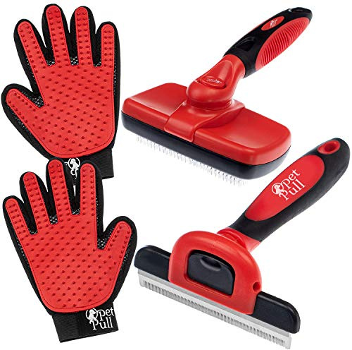 Complete Professional Pet Grooming Kit Self Cleaning Slicker Brush for Dogs & Cats - Pro Grooming Brushes Effectively Reduces Shedding Fur Hair Remover Brush Gloves - Combo Gift Set