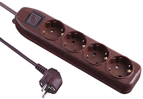 Electraline 62062 Regleta Base Miltiple de 4 Schuko con Interruptor, Cable 3G1 1,5 m, Color, Marrón (Madera Oscuro)