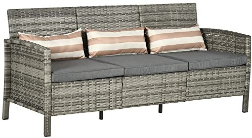 Outsunny Rattan Sofa mit Kissen, Dreisitzer, Garten Loungesofa, Stahl, Grau, 173 x 68 x 78 cm