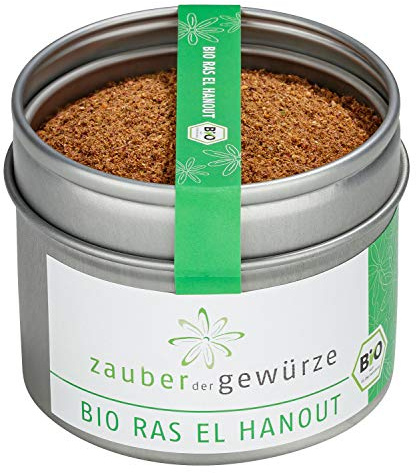 Zauber der Gewürze Bio Ras el hanout Gewürz für marokkanische und orientalische Gerichte mit Fleisch, Fisch, Gemüse, für Tajine, Couscous, Top-Qualität in wiederverschließbarer Aroma-Dose, 50 g