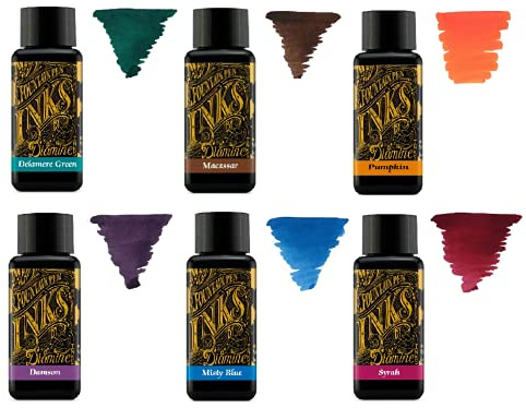 Diamine Füllfederhalter-Tinte, 30 ml, Farbrad, 6 x Flaschen, Delamere Green, Macassar, Kürbis, Zwetschge, Nebelblau, Syrah