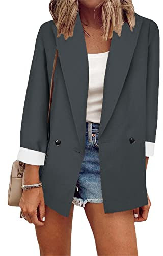 Yming Damen Business Büro Blazer Einfarbig Cardigan Casual Aufrollbare Ärmel Jacke Dunkelgrau S