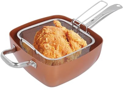Natudeco Poêle à frire, 4 pièces casserole en acier inoxydable Portable antiadhésive friteuse multifonctionnelle Wok de cuisine Friteuse en inox avec panier pour steak frites crabe