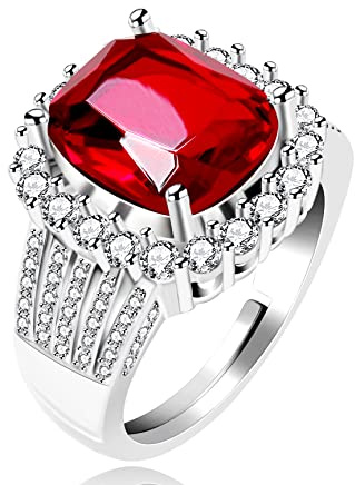 Uloveido Anillo chapado en platino con zafiro de imitación de corte cojín, circonita cúbica azul, anillos ajustables con piedra natal para boda, mujer, Y987, Cristal, Zirconia cúbica