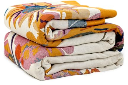 LUTBM Boho Throw Blanket 100% Cotton Soft Bed Throw Twin Lightweight Blanket Floral Bird and Butterfly Room Decor Breathable Bed Blankets,60x80 All Season Reversible Blankets for Sofa Couch Chair