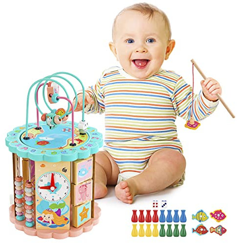 Wisplye Motorikwürfel Motorikspielzeug aus Holz 10 in1 Aktivitätswürfel für Kinder 1 2 3 Jahren, Aktivitäts-Center mit Perlenlabyrinth und Sortieren für Baby Jungen & Mädchen