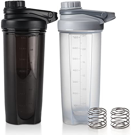 Lyeasw 680 ml Shaker-Flasche für Proteinmischungen, 2 Stück, BPA-frei, auslaufsicher, tragbare Shaker-Becher für Workout, transparent, schwarz