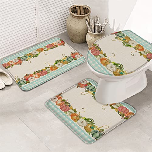 Alfombrillas De Baño Conjuntos 3 Piezas Calabazas De Otoño Vintage con Hoja Alfombra De Pedestal Antideslizante Alfombras De Baño para Casa, Dormitorio, Bañera