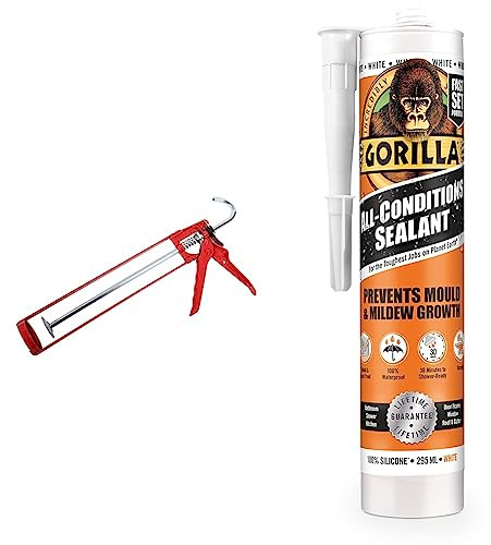 ProDec MG11ES Extra Strong Skeleton Caulking Gun, Sealants, Silicones, Adhesives, Red,400ml and 310ml & Gorilla 1144010 All Conditions Sealant Silicone White 295ml