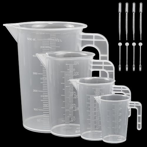 ADERTOS 4 PCS Vasos Medidores, Transparente Jarra Medidora Plastico, Copa de Medición con Escala, Jarra Medidora con Mango, Jarros Graduados para Cocina y Laboratorio (50/100/ 250/500ml)