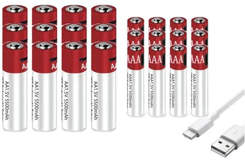 WILLQ Batería de Iones de Litio Recargable USB Tipo C 1,5 V 5500 mAh AA+AAA Batería de Larga duración y Salida Constante 1,5 V y 1 H de Carga rápida,12aa+12aaa