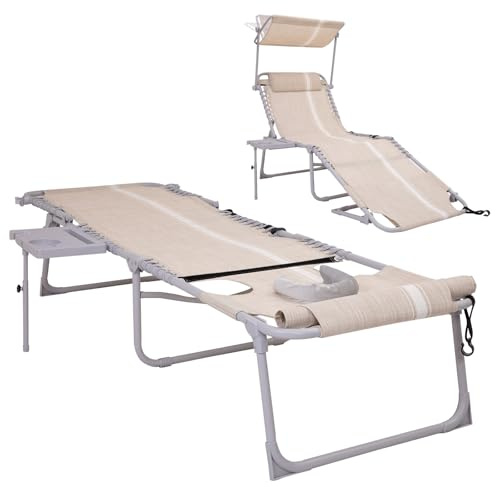 #WEJO 4-in-1 Tanning Chair with Face Hole and Side Table - 5-Position Face Down Folding Chaise Lounge with Canopy Shade & Cup Holder - Portable Heavy Duty Tanning Bed for Beach, Pool, Patio (Khaki)