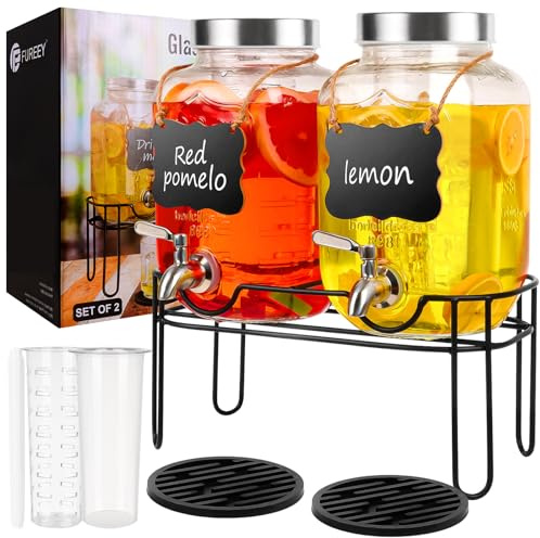 Drink Dispenser,2PACK Glass Drink Dispensers for Parties,1 Gallon Beverage Dispenser with Stand, Stainless Steel Spigot Leak proof,Come with Ice Cylinder,Fruit Tube and 2 Rubber Mats