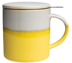 Tranquillo Tee-Aufgusstasse große Keramik Teetasse mit Sieb und Deckel, Teebecher Steingut, Farbe: Gelb, 410 ml