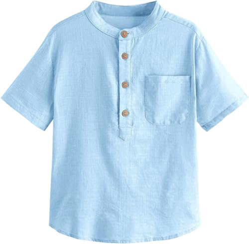 Haloumoning Henley Chemise Garçon Lin Manches Courtes Été Couleur Unie Regular Fit Casual Loisirs Chemise De Fête Enfants (3-14 Ans)