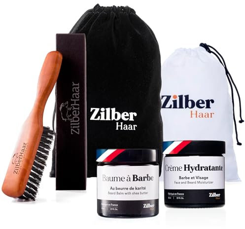 ZilberHaar - Bartpflege-Set für Männer - 1 Bartbürste Regular + 1 Bartbalsam + 1 Feuchtigkeitscreme + 1 Bartschürze - Harte Wildschweinborsten - Samtbeutel