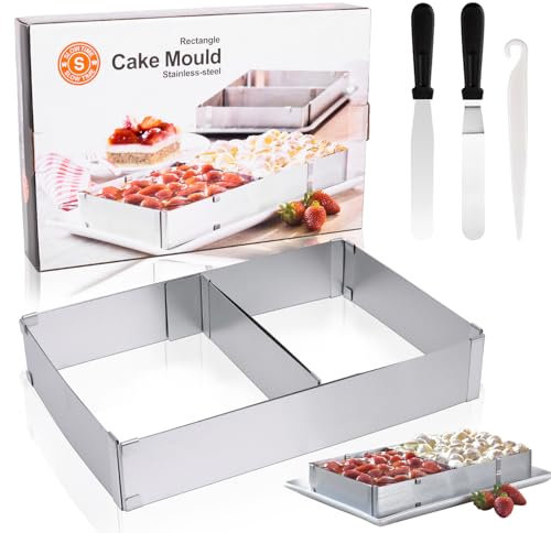 Dncvb Marco rectangular ajustable de 5 cm de alto, molde rectangular de 27 x 18 hasta 52 x 33 cm, molde para tartas ajustable con paleta angular, acero inoxidable, molde rectangular para hornear,
