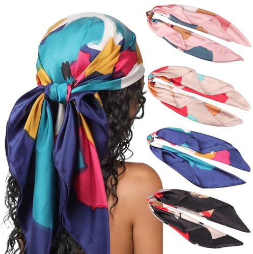 DRESHOW 90x90cm Große Quadratische Schals für Damen 4 Stück Seide Kopftuch Bandanas Haartuch Halstuch Haarschmuck
