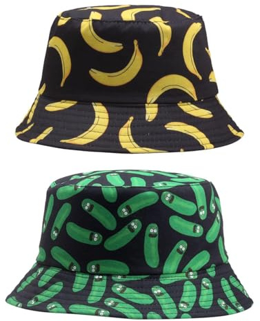 CHSZSH 2 Stück Bucket Hats, Gurken- und Bananendruck, Reversible, Street Fashion, Outdoor-Sonnenschutz, Unisex, Schwarz, Eimerhut, Sommer, Casual