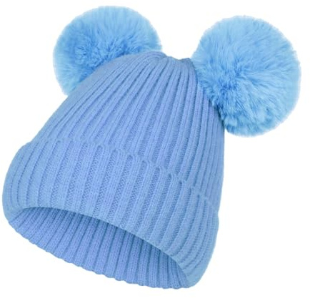 NATUST Kind Wintermütze Mädchen Kunstfell Bommelmütze Warme Strickmütze mit Zwei Bommeln