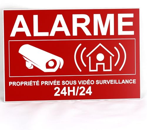 Plaque Alarme Propriété Privée sous Vidéo Surveillance 24H/24, Acrylique avec Gravure,15 x 10 cm, Rouge, Résistante aux intempéries et UV.