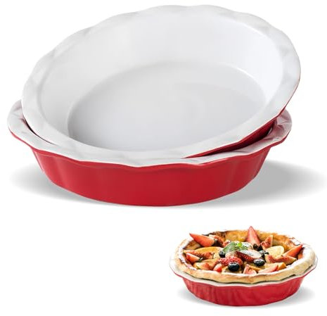 MEETOZ 2 Pcs Pie Dish Ceramic, 9 Inch /23cm Pie Pans for Baking, Crinkle Rim Pie Dish for The Oven, Pie, Tart & Quiche Pans for Cooking, Baking, and Fruit Pies (Red)