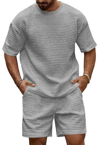 KUYIGO Tracksuit Mens Full Set Short Sleeve Summer Casual Outfit Crew Neck T-Shirt with Elastic Waist Shorts Two Slant Pockets, Light Grey L