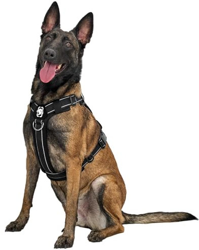 OneTigris Hundegeschirr, Diesel Einstellbar Taktisches Geschirr Weich Gepolstert Brustgeschirr für mittelgroße und große Hunde mit Reflektierend, 1 Griff, 3 D-Ringe (Schwarz, XL)