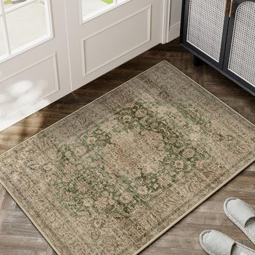 HUGEAR Vintage Fußmatte Teppich 60x90cm Grün Waschbar | Waschbarer Teppich, Weich Rutschfest, Kurzflor im Retro, für Eingangsbereich, Badezimmer Schlafzimmer, Kleiner Carpet