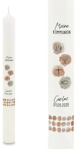 GRAVURZEILE Bedruckte Stabkerze - Watercolor - Personalisiert mit Name & Datum - Geschenk zur Taufe, Kommunion oder Konfirmation - Für Jungen & Mädchen - Altarkerze 400/40 mm - Braun