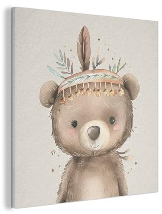 MuchoWow© Bilder aus Filz Wohnzimmer Deko Modern Wandbild Kunstdruck Bild | 80x80 cm - Schlafzimmer über Bett Room Decor Geschenke Bär - Boho - Federschmuck - Tiere