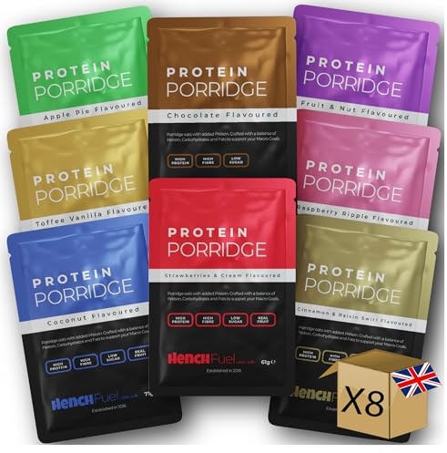 8 Flavours Protein Porridge by Hench Fuel, High Protein, Low Carb, Low Sugar Breakfast, High Fibre, Overnight Oats, Real Fruit, Porridge Pots, High Protein Porridge, Meal Replacement