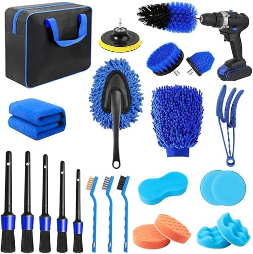 24Pcs Car Detailing Kit, Car Cleaning Kit for Rims, Exteriors, Interiors | Car Washing Kit with Drill Brushes, Detailing Brushes - Soft Sponge Included, Scratch-Free Cleaning Tools for Auto Shine