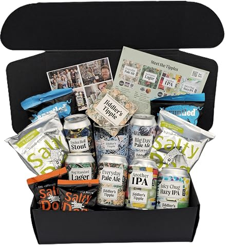 Jiddler's Tipple Craft Beer & Snacks Gift Hamper for Men - The Ultimate Birthday Present - The Best Dad Gifts & Gift Basket for Husband - 14 Pack Gift Hamper Basket | Award winning craft beers with gourmet snacks, pint glass, beer mat, tasting guide and premium gift box for beer lovers.