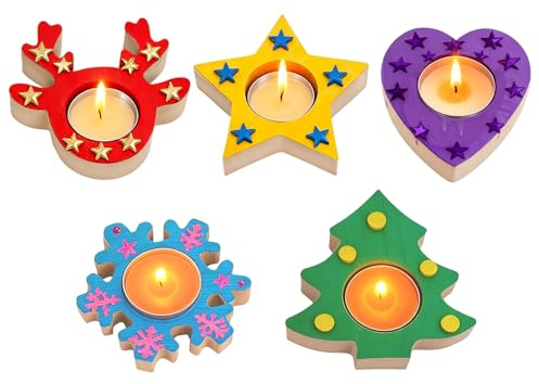 24 Stück Bastelset Weihnachten Kinder – DIY Teelichthalter Holz Set zum Bemalen & Basteln – Kreatives Basteln Weihnachten Kinder – Weihnachtsdeko Bastelset mit Farbe & Pinsel