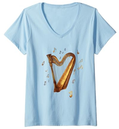 Femme Représentation Artistique Harpe avec Notes de Musique T-Shirt avec Col en V