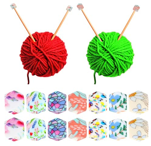DOPENSPI 14 stycken, maskstopp för sticknålar, 14 mm, silikon, sexkantiga sticknålstoppar, blommönster, nålspetsskydd, sticknålstopp, färgglatt stickspetsskydd för barr i 3–9 mm storlekarna