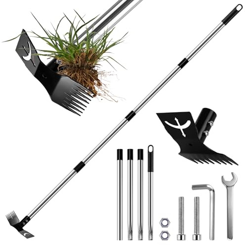 VFMFM Extracteur de mauvaises herbes avec long manche de 150 cm, outil de jardinage manuel 2 en 1, râteau et binette de jardin, traction de désherbage robuste pour cour, pelouse, terrasse, jardin