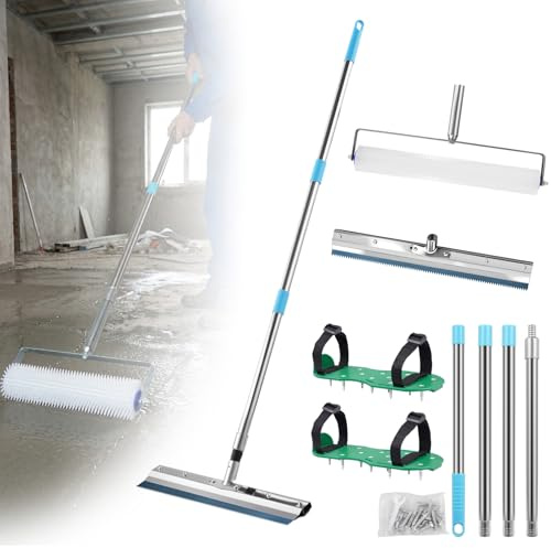 Kit d'outils de ciment autonivelant - Rouleau à pointes pour sol époxy - Chaussures à crampons pour sols époxy, outils de béton, grattoir en acier inoxydable - Avec tige d'extension de 40 à 160 cm
