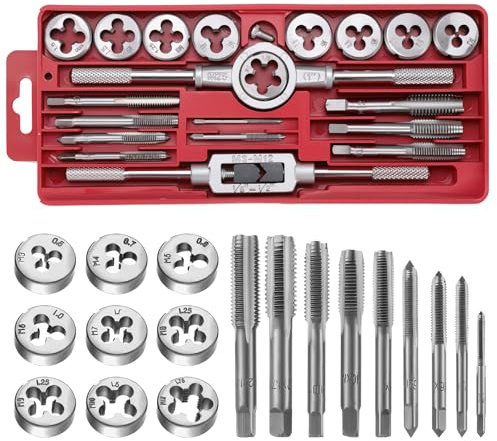 HSEAMALL 20-tlg Gewindeschneider Set M3-M12, Metrisch Gewindebohrer & Schneideisen Set aus Legiertem Stahl, Innen- & Außengewinde Reparatur Satz (Rot, 20 Stück)