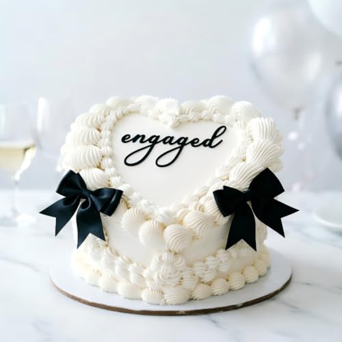 Engaged Cake Topper, Acrylic Wedding Cake Decorations with Bow - Elegant Black & White Cake Topper for Engagement, Anniversary Party
