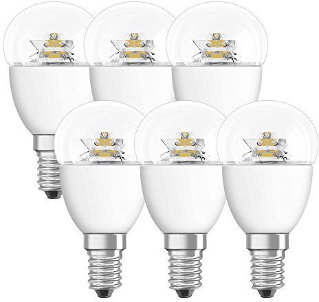 OSRAM 4052899912106 A+, Star Classic P/LED-Lampe, klassische Mini-Ballform mit Schraubsockel E14, 5,70 W, 220…240 V, 40-W-Ersatz, klar, 2700 K, 6x1er-Pack, Plastik, warmweiß, 8.8 x 4.5 x 4.5 cm