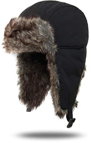 Winter Fellmütze mit Steppfutter und wasserabweisendem Nylon Taslon Obermaterial, Farbe :Schwarz, Größe:L/XL