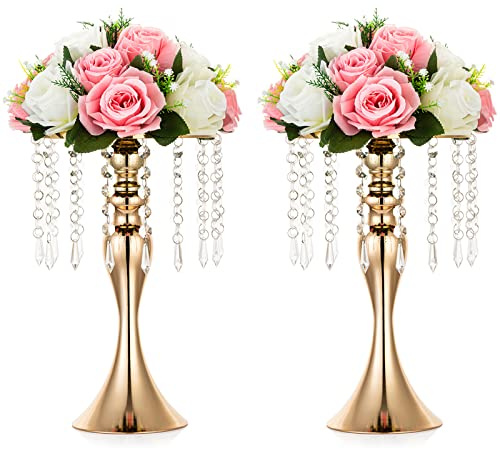 NUPTIO Vielseitiger Metall-Blumenständer für Blumenarrangements, 35 cm Höhe, elegante Hochzeitsdekoration, Blumenvase, Kristall-Blumenständer für Hochzeit, Party, Abendessen, Dekoration, 2 Stück