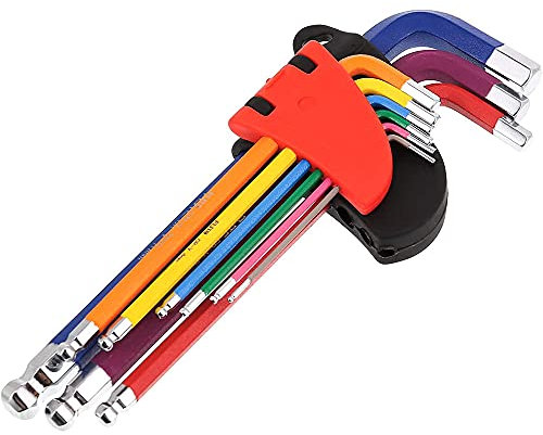 zfdg Hexagon Wrench, 9 Pieces Long Ball End Allen Key, Ball Allen Key Set, End Allen Key Set, Professional Hex Wrench, with Colour Coding, 1.5mm - 10mm, for DIY, Bike and Motorcycle Maintenance