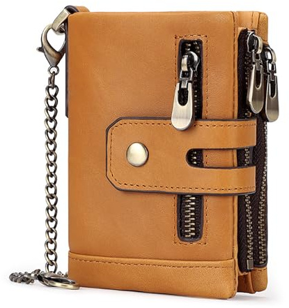 FORRICA Herren Geldbörse RFID Schutz Männer Portemonnaie Echte Leder Brieftasche Doppelte Falte Geldbeutel mit Kette 14 Kartenfächern Portmonee mit Münzfach Braun B