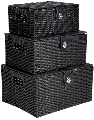 INNOTECK Wicker Storage Basket Set with Lids, Black, 3-Piece | Handwoven storage baskets with handles in large, medium and small sizes, ideal for home, bathroom, kitchen and office.