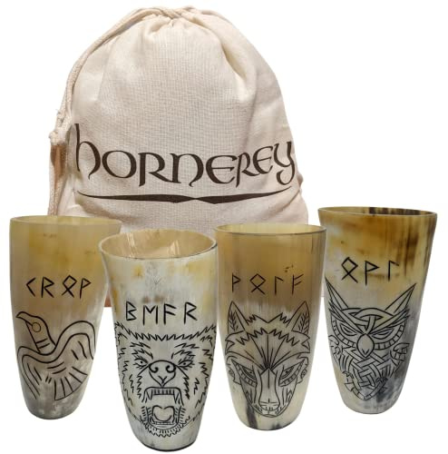 Hornerey Set Tiere des Nordens, Wikinger Hornbecher, 250 - 300 milliliters, Trinkhornbecher, 4 Stück (1er Pack)