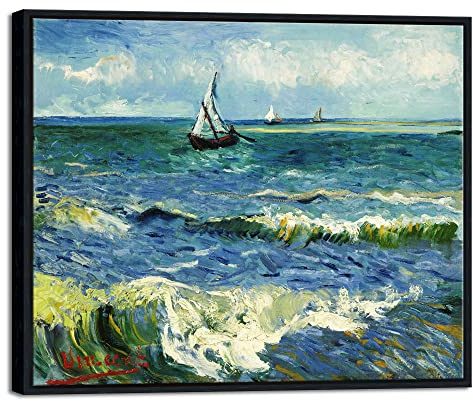 Wieco Art Black Framed Art Seascape at Saintes Maries by Vincent Van Gogh Oil Paintings Reproduction Modern Canvas Prints Sea Pictures on Canvas Wall Art for Living Room Home Deco