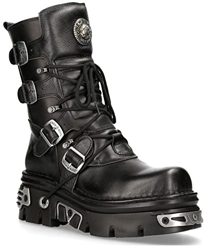 New Rock 373-S4 Bottes Gothiques Mi-Mollet Punk Gothiques en Cuir Noir Métallisé Avec Lacets et Fermeture à Boucle